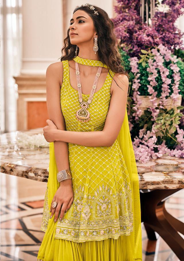 Buy Mellow Yellow Sharara Suit In Crepe With Thread And Abla Work Buttis  And Heritage Motifs Online - Kalki Fashion
